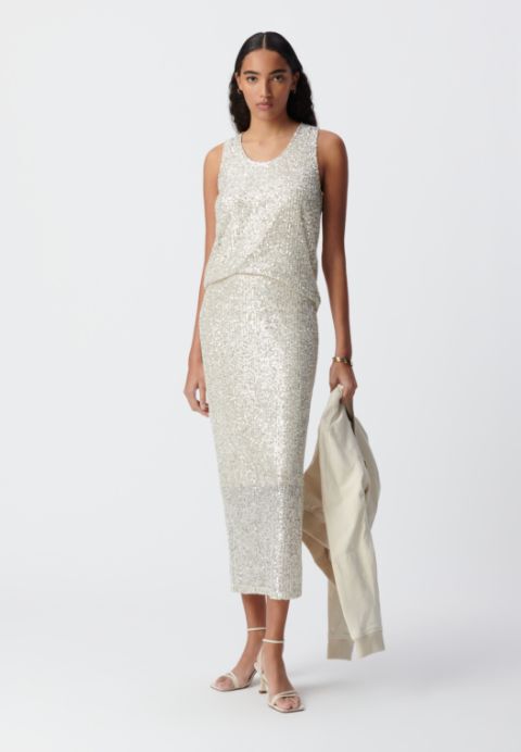 Sequin-embroidered silver midi skirt Women