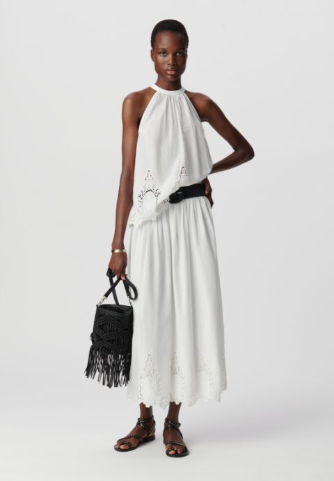 Women's long white skirt with lace embroidery motif