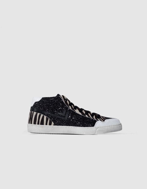 Women's black micro-sequin and leather zebra trainers - IKKS