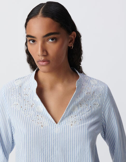 Sky blue striped blouse with embroidered front - IKKS