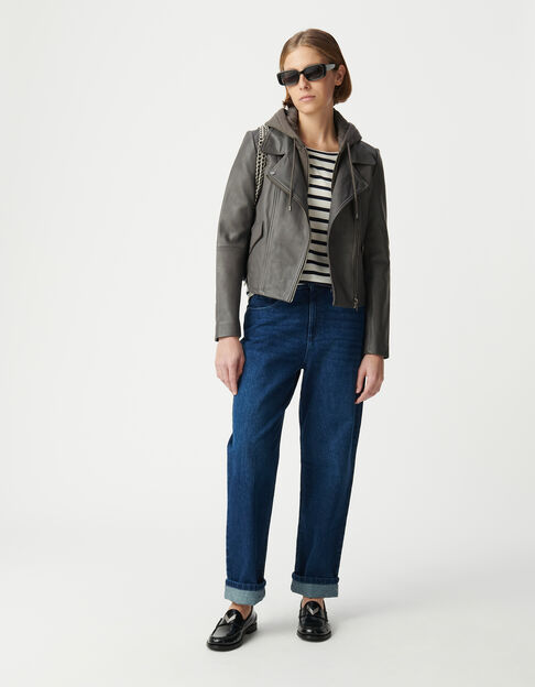 Grey leather biker jacket, detachable hood - IKKS
