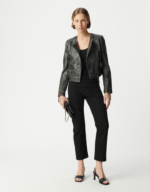 Black washed leather biker jacket with zipped pockets Women - IKKS