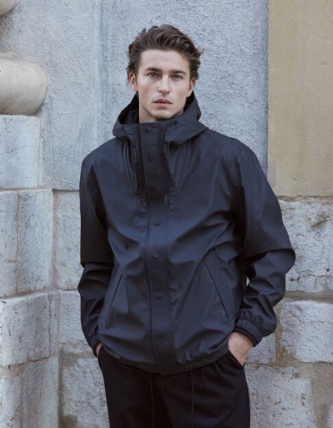 Men’s black rubber nylon hooded jacket - IKKS