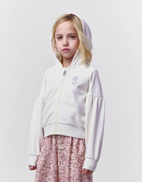 Ecru zipped cardigan with embroidered hood for girl - IKKS