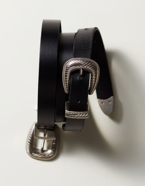 Women's double buckle leather black dress belt - IKKS