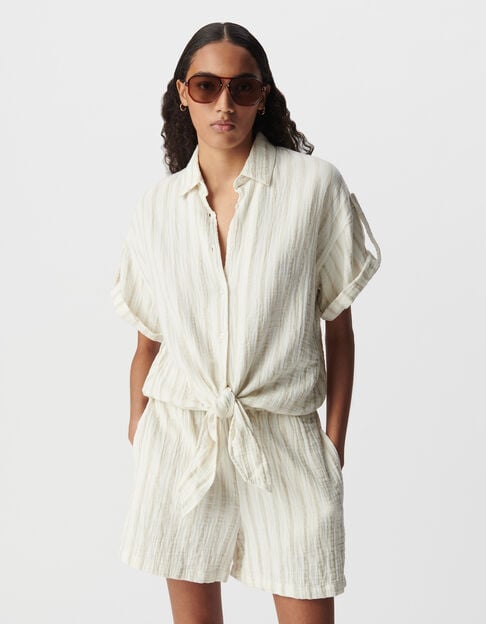 Women's ecru cotton gauze shirt with beige stripes - IKKS