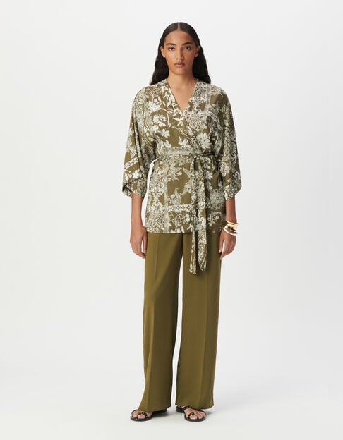 Women’s khaki kimono shirt with scarf print - IKKS