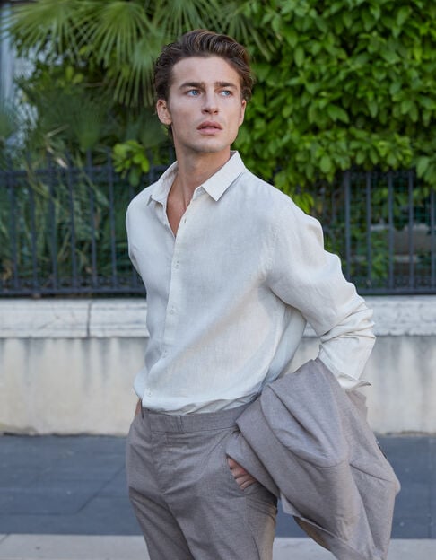 Men’s beige linen SLIM shirt - IKKS