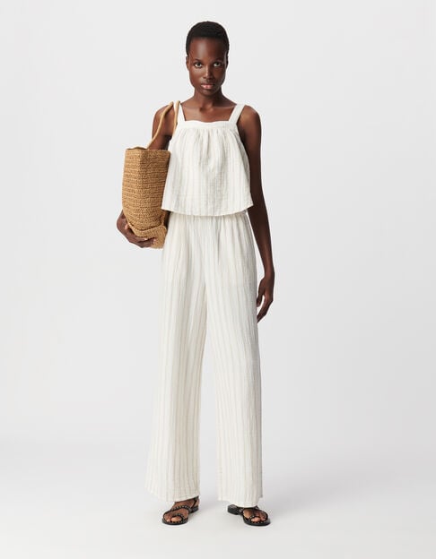 Ecru cotton gauze jumpsuit with beige stripes - IKKS