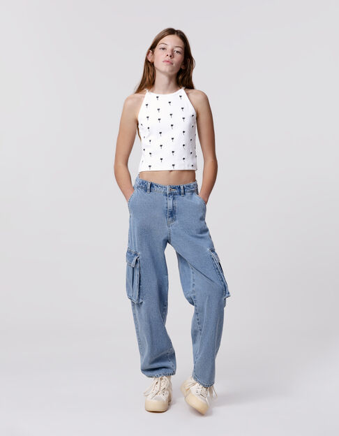 White ribbed tank top with palm tree embroidery for girl - IKKS
