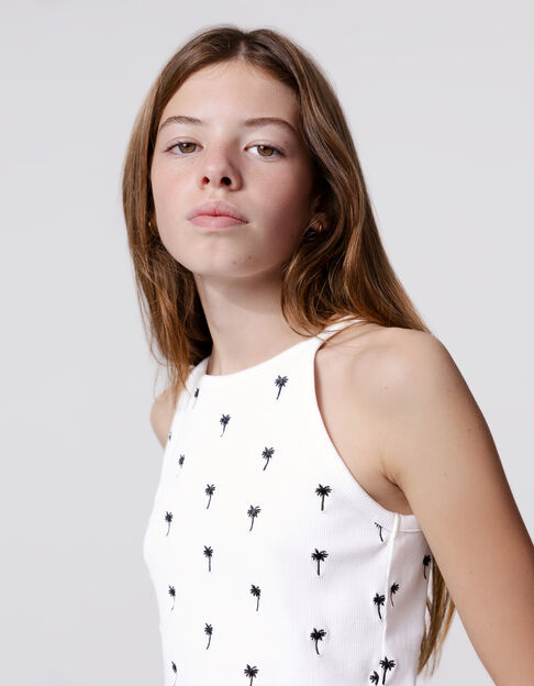 White ribbed tank top with palm tree embroidery for girl - IKKS
