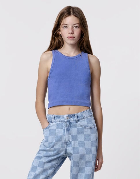 Blue ribbed cropped tank top for girl - IKKS