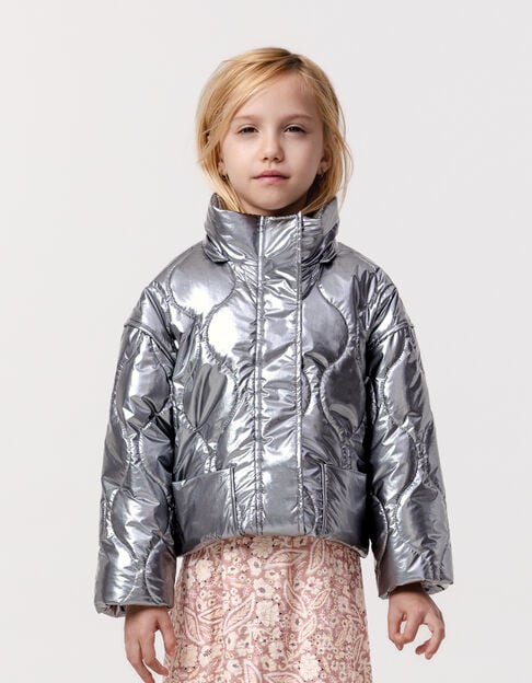 Grey metallic padded jacket with removable hood for girl - IKKS