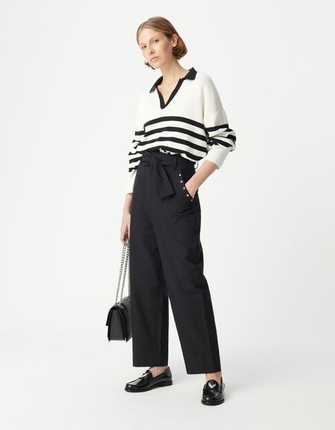 Women's black paperbag wide leg jeans with stud decoration - IKKS