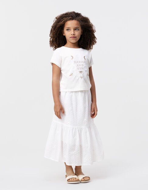 White jacquard skirt with plumetis and flowers for girl - IKKS
