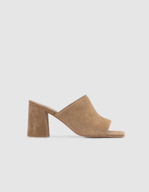 Women's velour leather beige heeled mules - IKKS