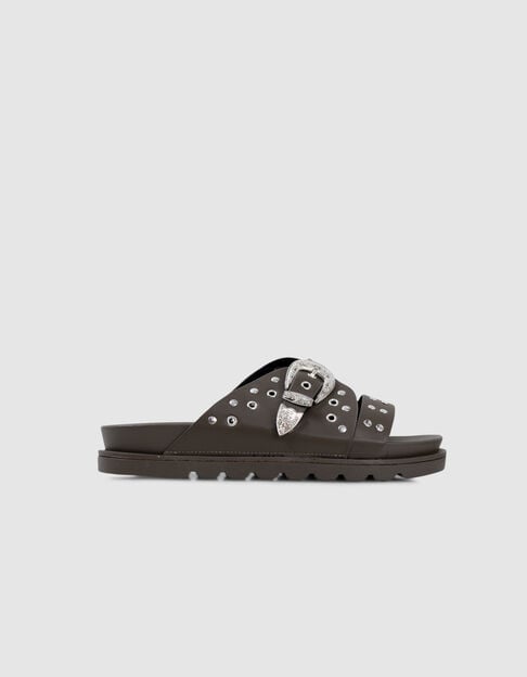 Mules khaki leather studded western buckle Women - IKKS