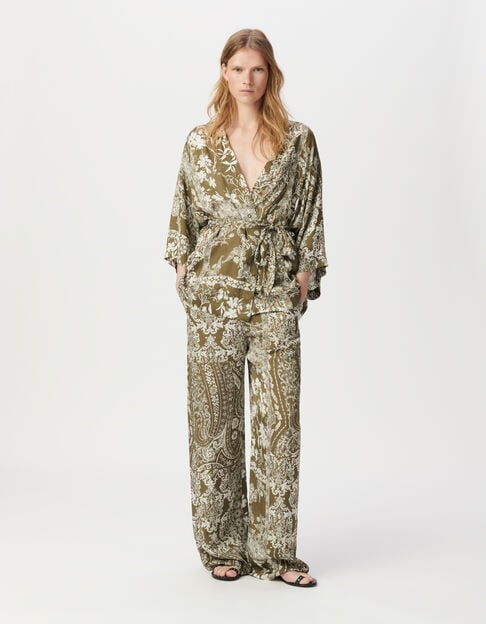 Wide khaki scarf-print trousers for women - IKKS