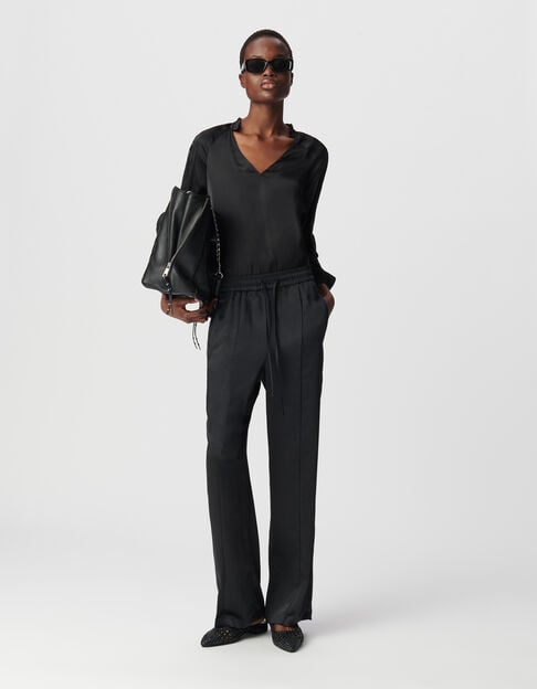 Women's wide-leg pants in black recycled polyester with elastic waistband - IKKS