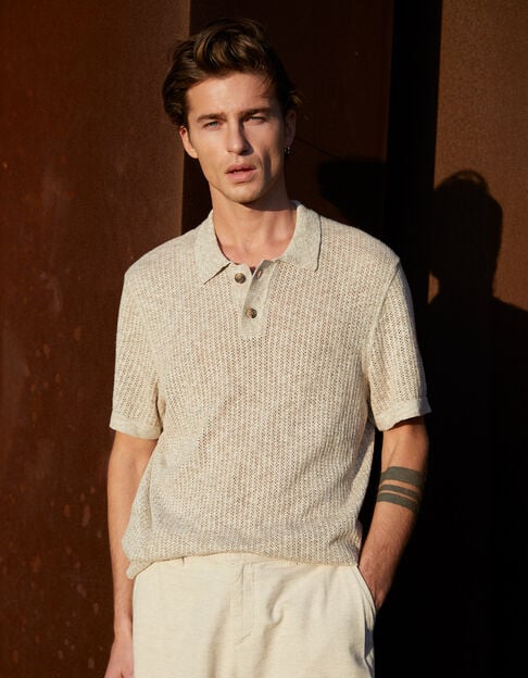 Men’s beige decorative openwork knit polo shirt - IKKS