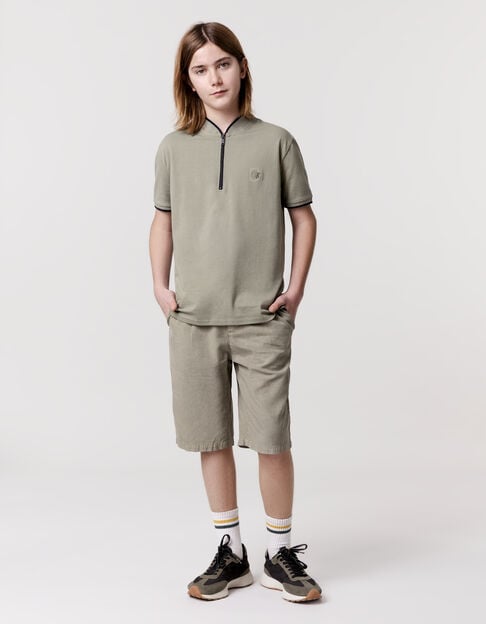 Khaki organic cotton polo shirt zipped collar for boys - IKKS