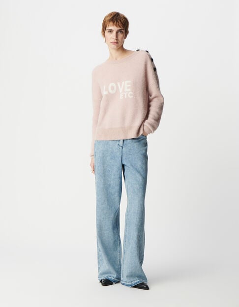 Women's pink jacquard alpaca blend sweater with message and buttons - IKKS