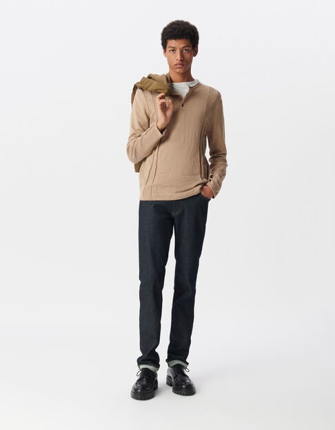 Men’s beige organic cotton fine knit button-neck sweater - IKKS