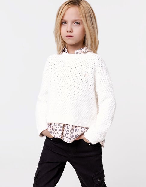 White sweater organic cotton knit fancy relief girl - IKKS