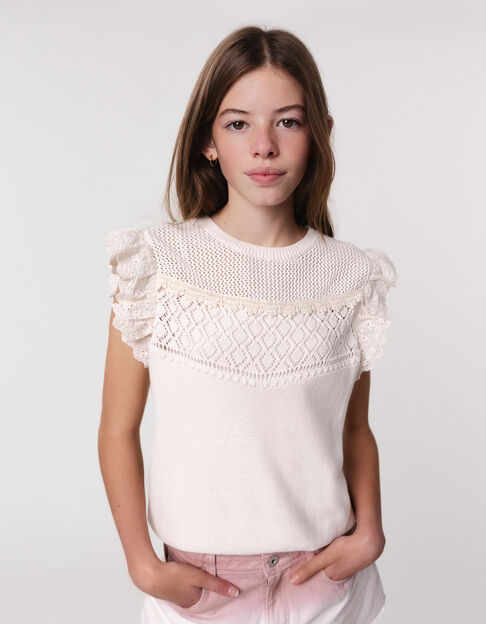 Girl's ecru sweater with lace knit and ruffles - IKKS