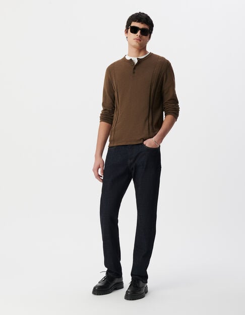 Men’s khaki organic cotton fine knit button-neck sweater - IKKS