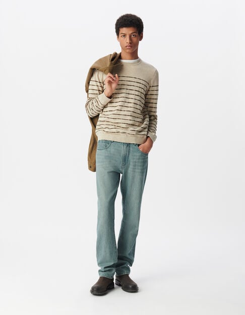 Men's beige fine knit sailor sweater with khaki stripes - IKKS