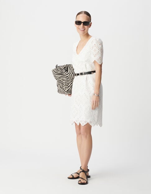 Women's white organic cotton dress with broderie anglaise - IKKS