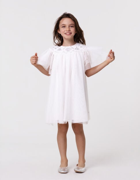 Girls’ white tulle dress with silver embroidery - IKKS