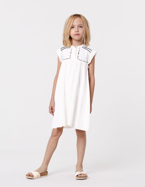Ecru jacquard embroidered bib dress for girl - IKKS