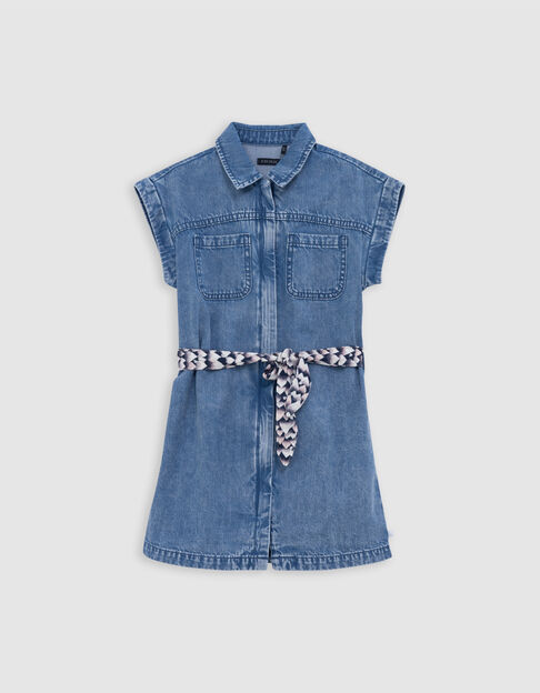 Waterless blue denim dress with printed belt for girl - IKKS