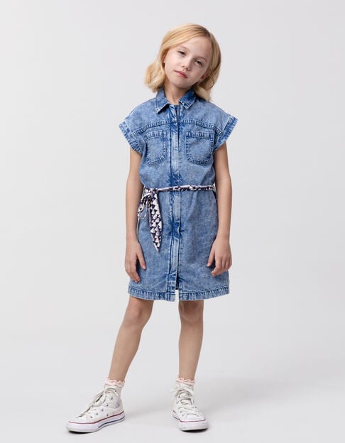 Waterless blue denim dress with printed belt for girl - IKKS