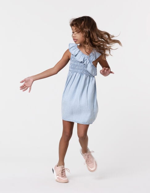 Blue denim smocked dress with asymmetric strap for girl - IKKS