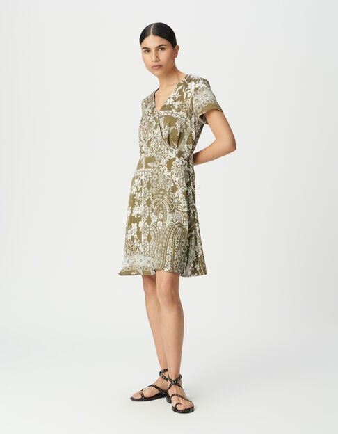 Women’s khaki flowing dress with scarf print - IKKS