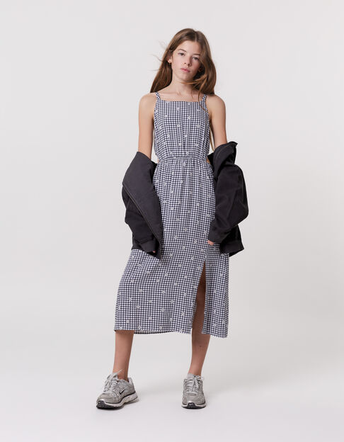 Black gingham and flower print midi dress for girl - IKKS