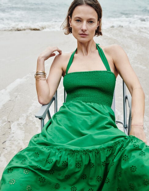 Women's green strapless smocked midi dress - IKKS