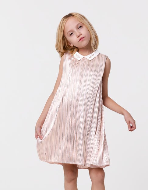 Girls’ pink pleated dress, gold stripes, contrasting neck - IKKS