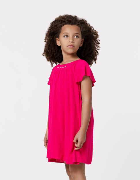 Bright pink dress in plumetis embossed fabric for girl - IKKS