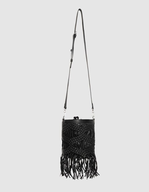 Black leather macramé-style fringed bucket bag - IKKS