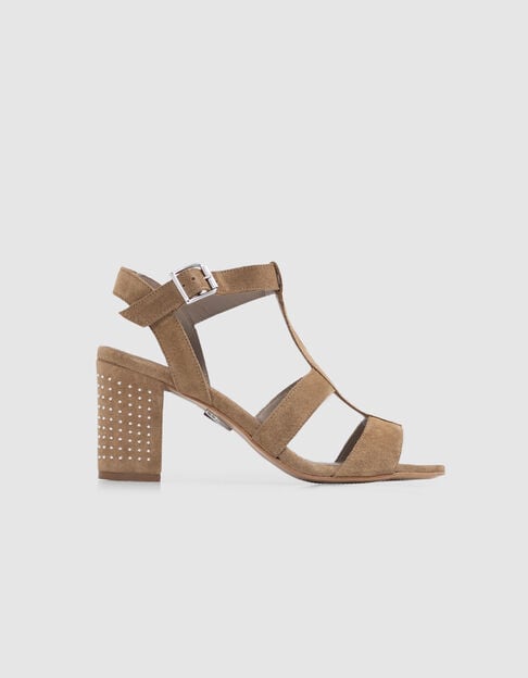 Women's beige suede sandals with studded heels - IKKS