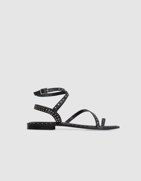 Women's studded leather flat sandal-tongs in black - IKKS