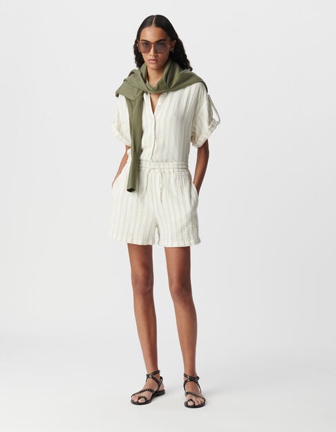 Women's ecru cotton gauze shorts with beige stripes - IKKS