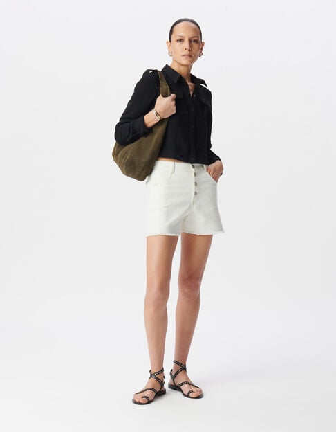Women's high-waisted fringed denim shorts in white organic cotton - IKKS