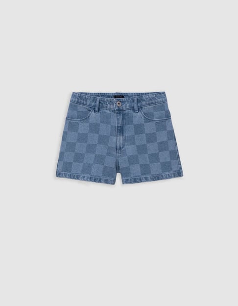 Blue denim shorts with checkerboard pattern for girl - IKKS