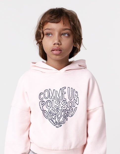 Pink hoodie with heart-shaped embroidered message for girl - IKKS