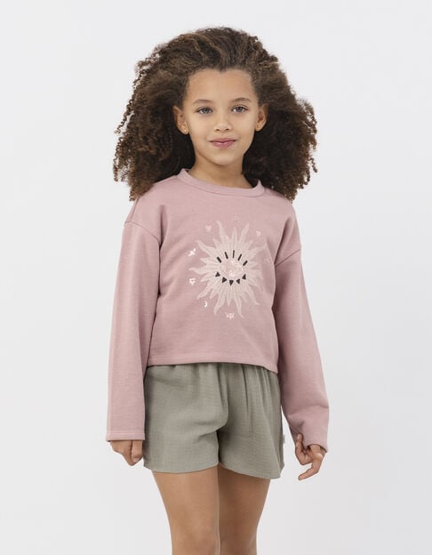 Girl's pink maxi sweatshirt with sunny eye glittery design - IKKS